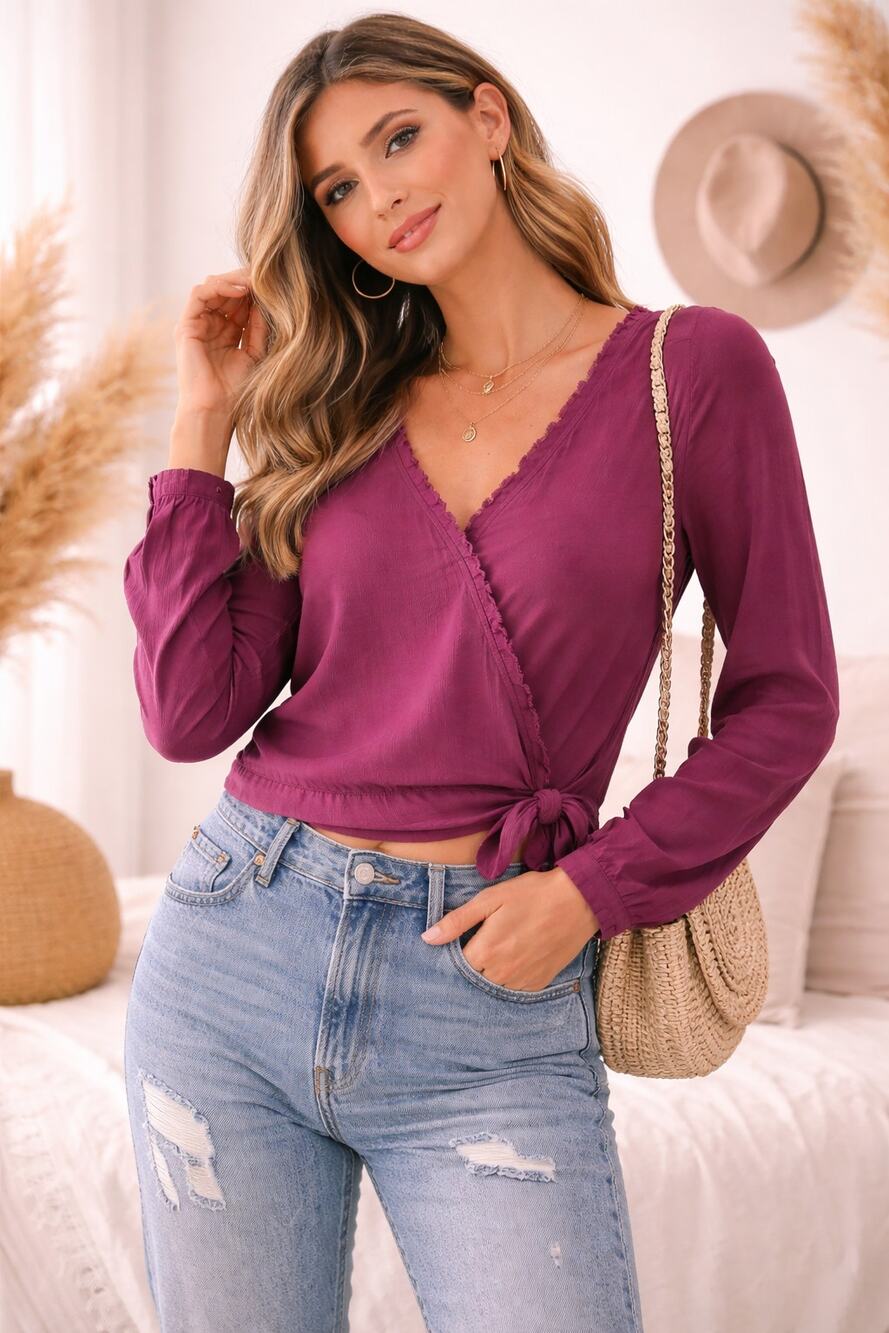 Abercrombie & Fitch Women's V Neck Tie Front Blouse Top Long Sleeve Fuchsia SZ S